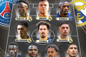 Score90排皇马+巴黎阵容：维尼修斯、姆巴佩、登贝莱三叉戟